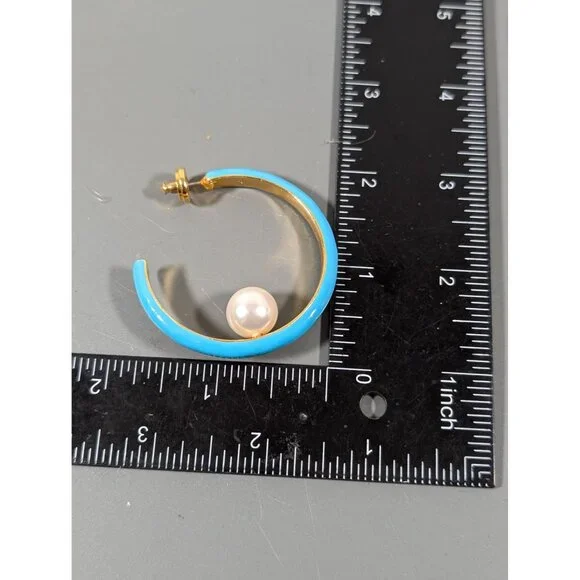 Turquoise Blue Enamel Hoop Earrings Faux‎ Pearl Signed Kenneth Lane - Picture 10 of 10